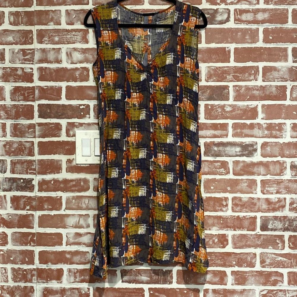 Matrushka Construction Purple Multicolor Crosshatch Print Empire Waist Dress L